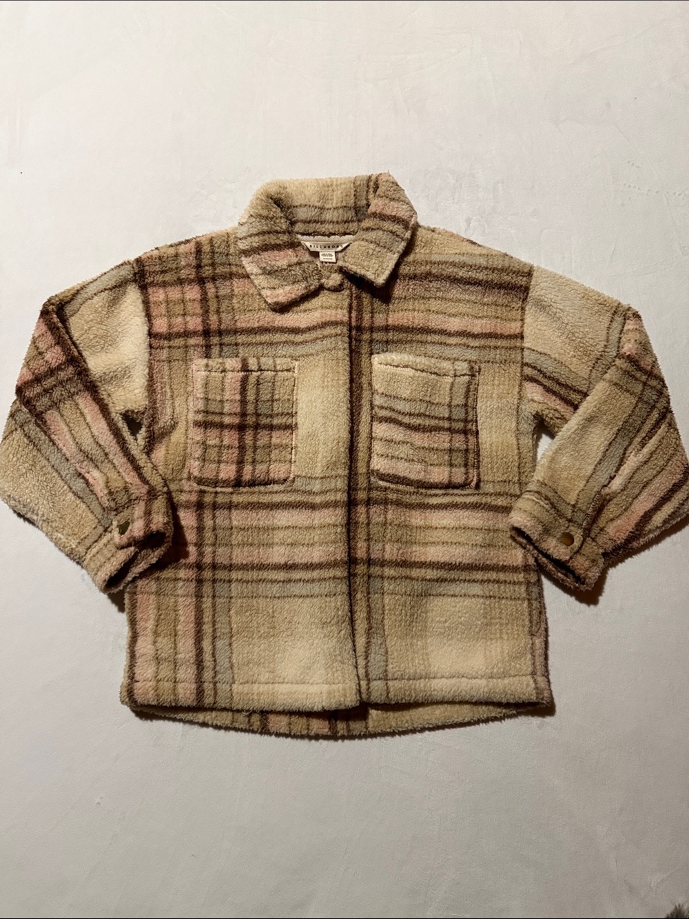 Billabong Plush Plaid Teddy Jacket in Cream and Pink Sherpa - Picture 2 of 6